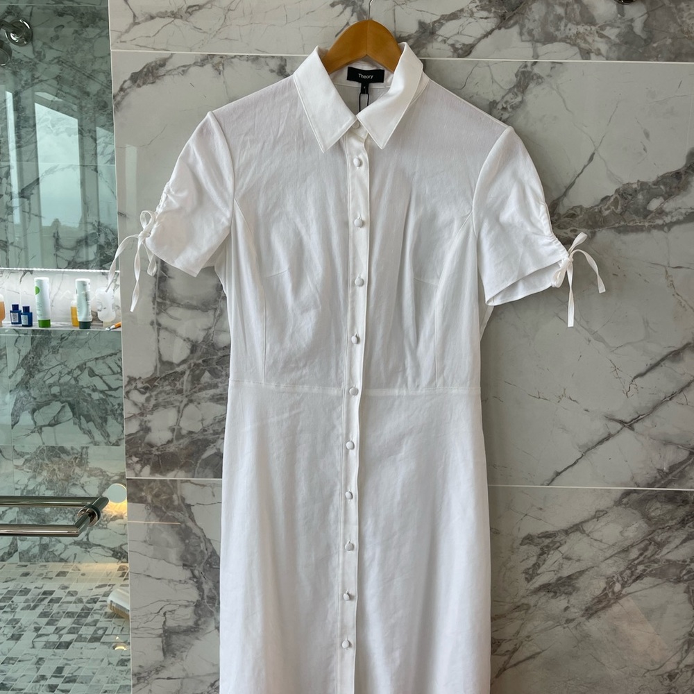 Theory button linen blend dress with tie sleeve detail on